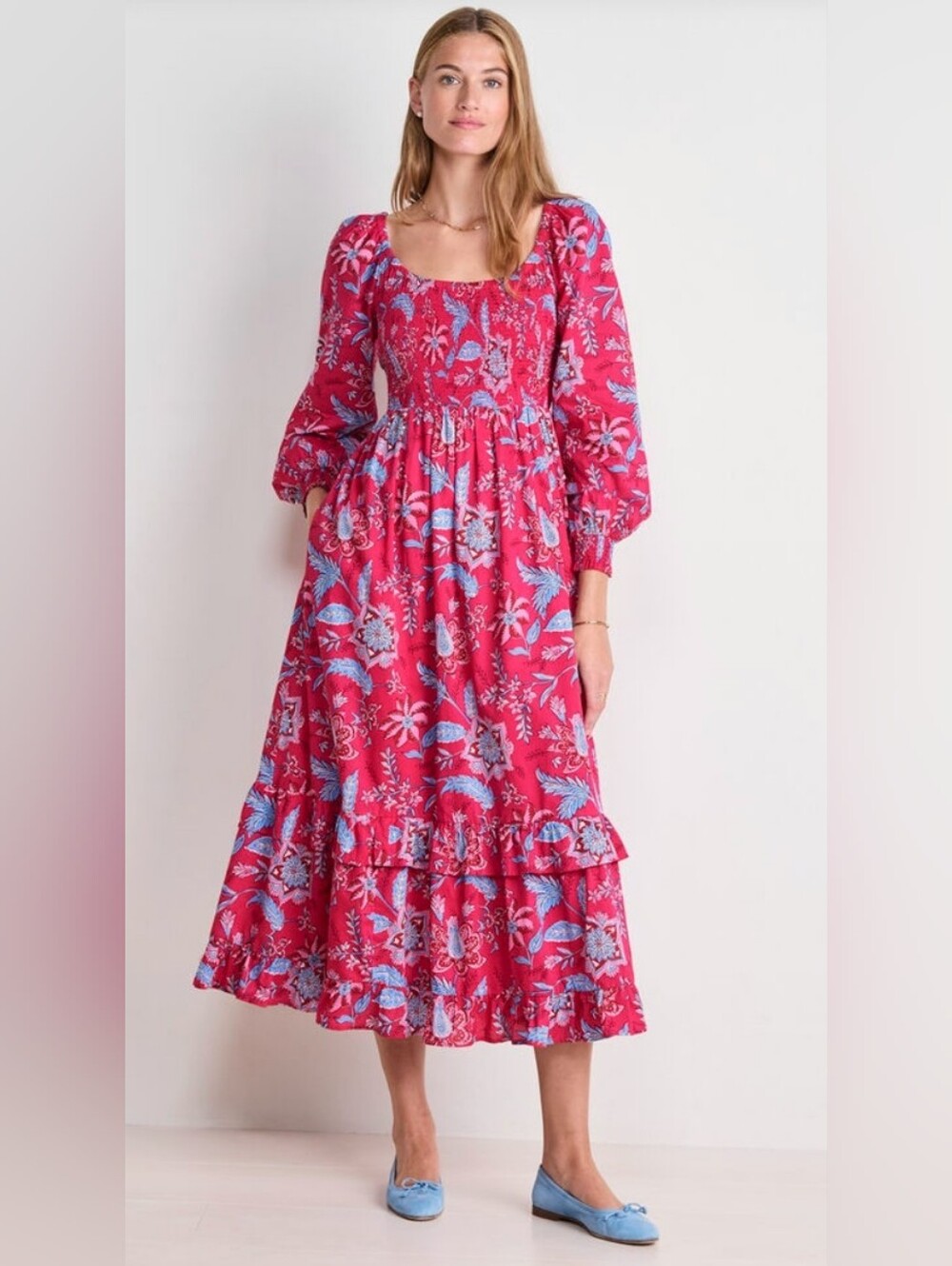 Vineyard Vines Ellen Maxi Dress Cassie Pink Blue Floral Puff Long Sleeves M NWT